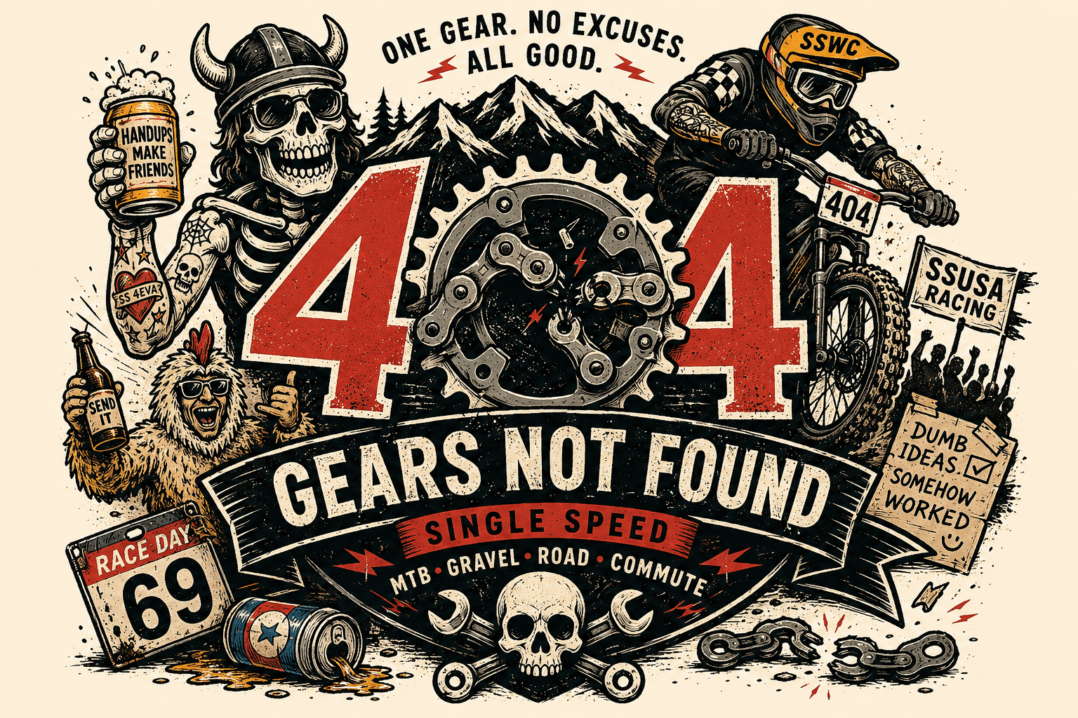404 Gears Not Found illustrated logo celebrating single-speed mountain biking, racing, beer handups, costumes, tattoos, and broken chains.