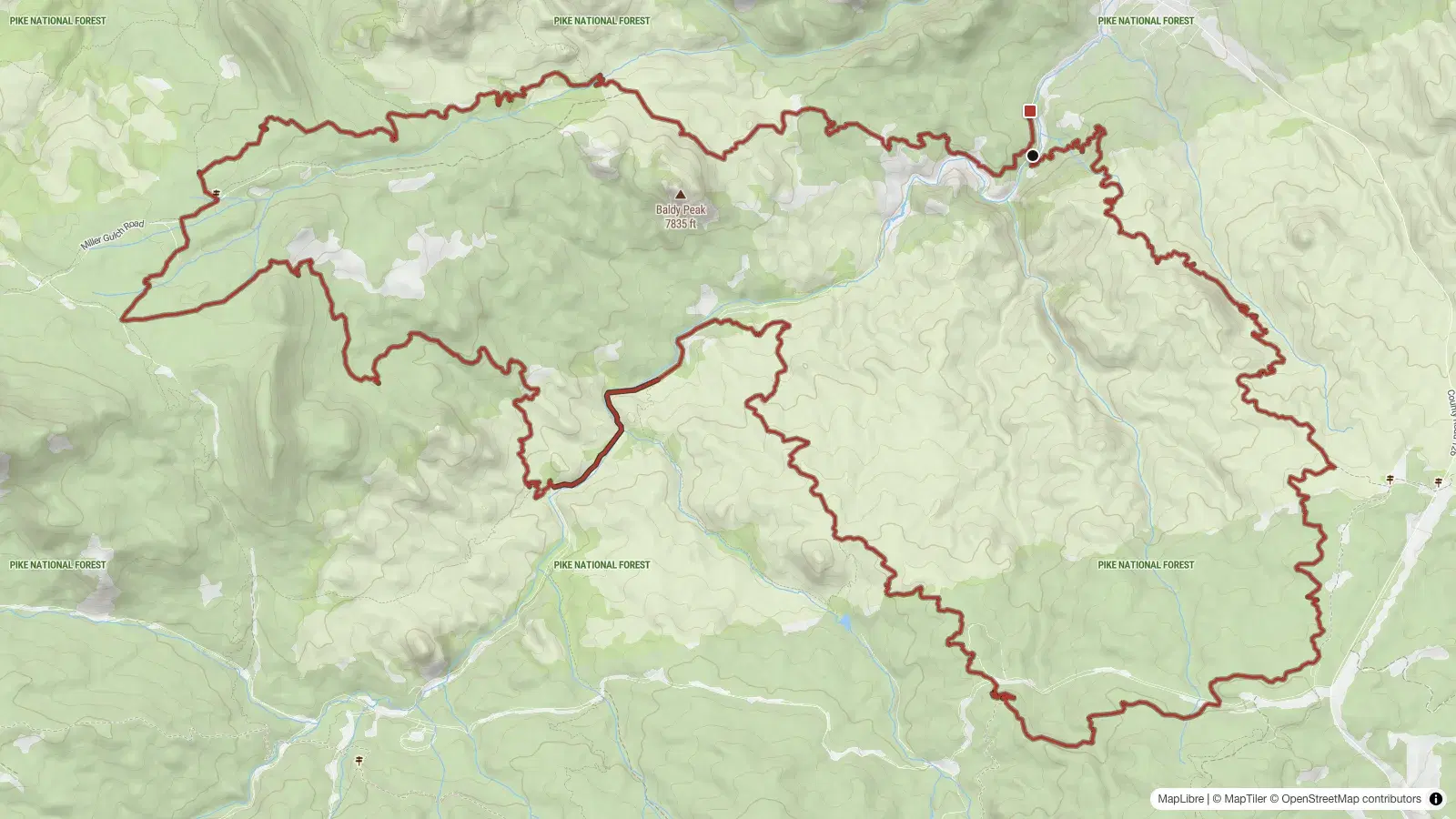 Topographic map of the draft Day of the Dead Ride route, a long looping track around Baldy Peak in Pike National Forest near Buffalo Creek