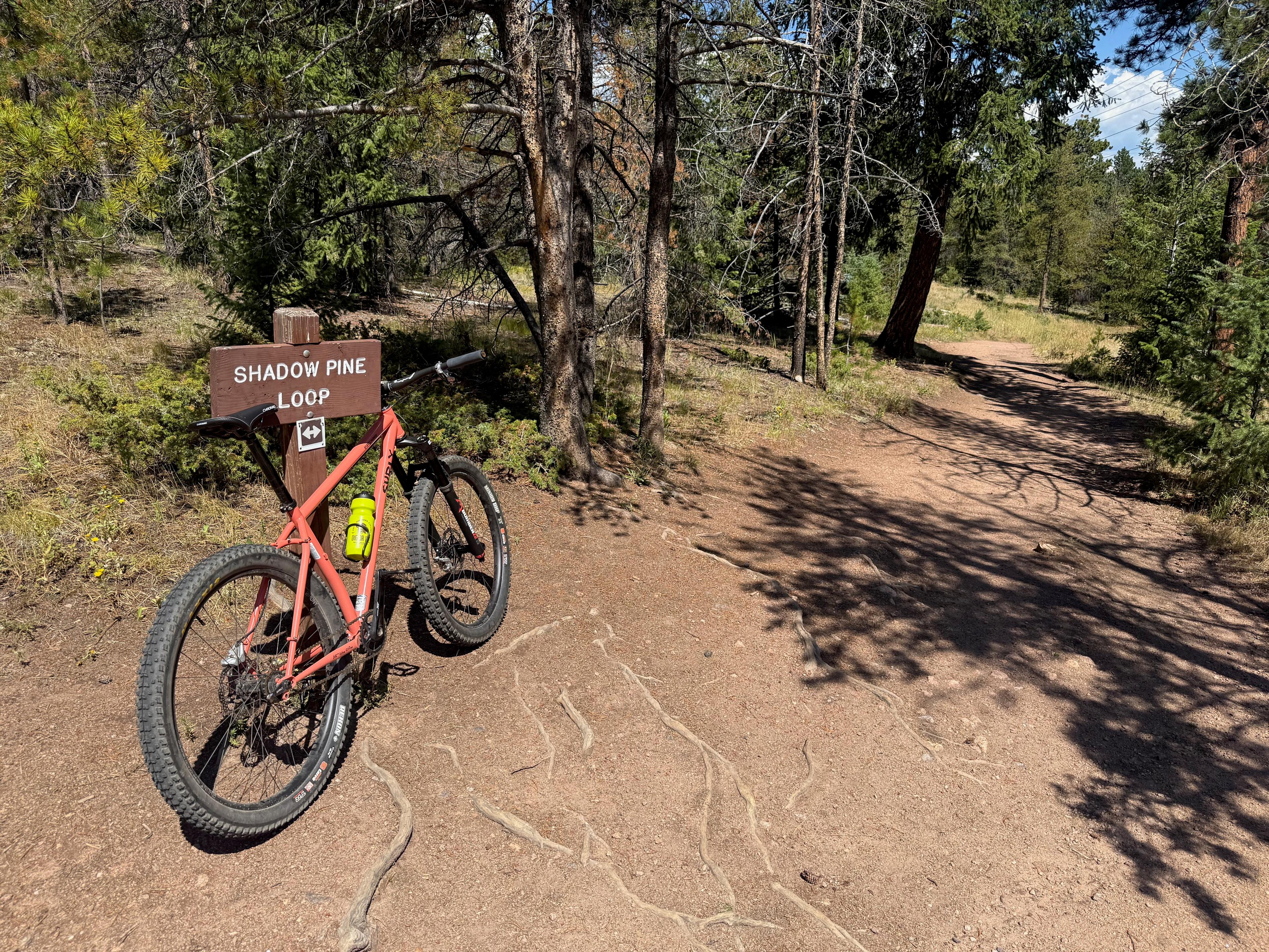 Orange Surly Karate Monkey leaning against the Shadow Pine Loop trail sign in a pine forest at Flying J Ranch