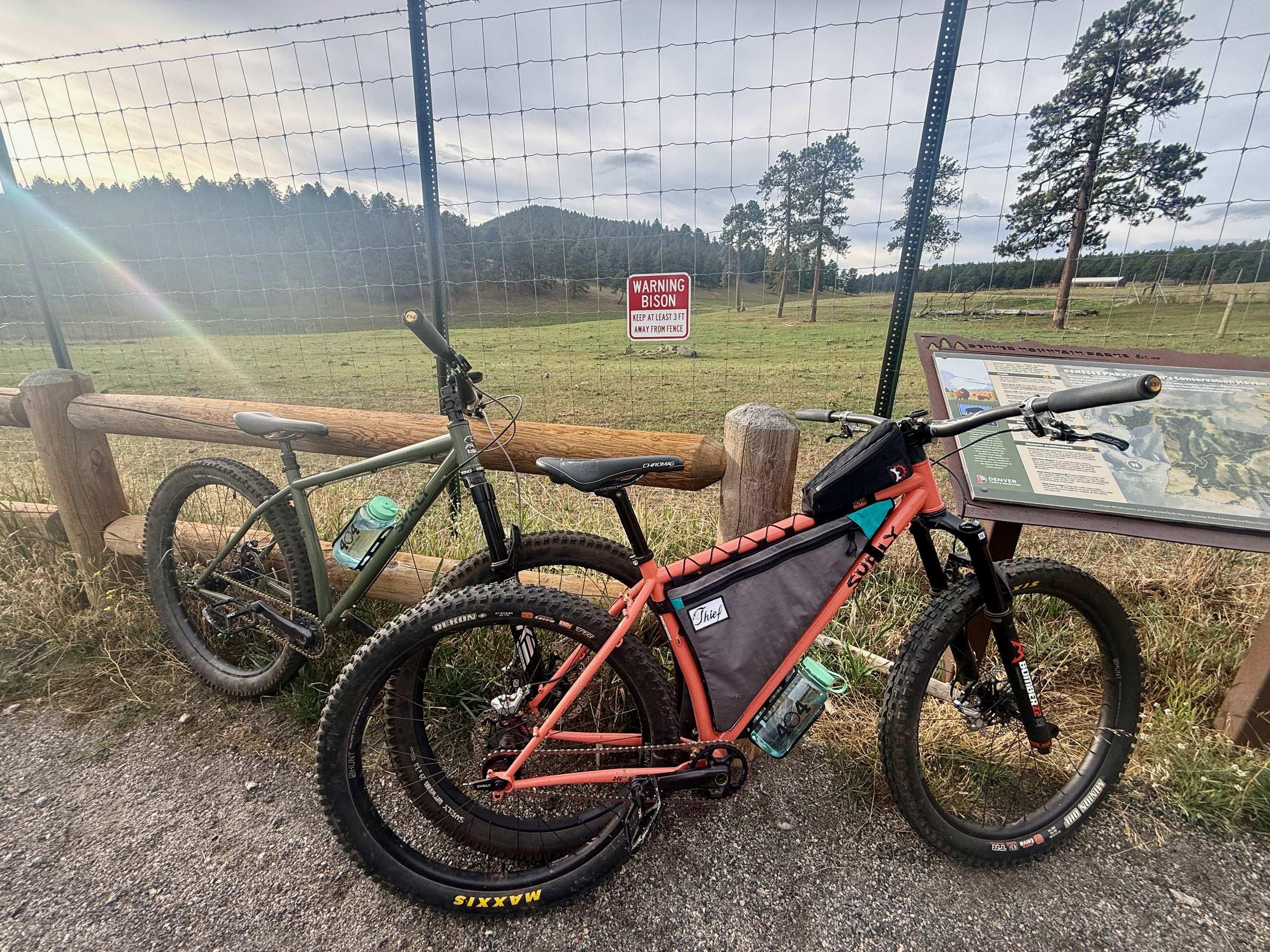 A Surly Krampus and a salmon Surly Karate Monkey leaned against a fence rail near a Warning Bison sign at the Genesee Park trailhead