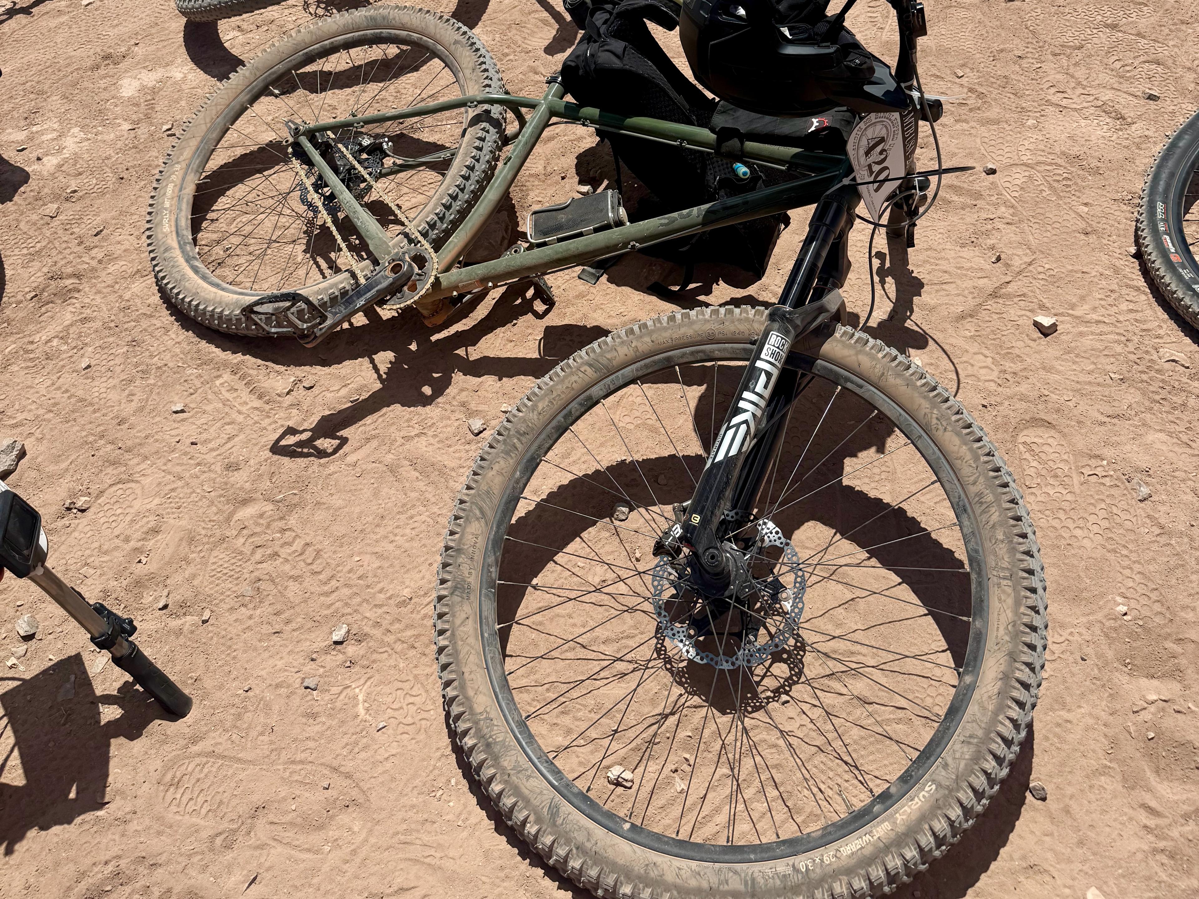 Overhead view of the Krampus fork, rotor, and 29x3.0 Dirt Wizard tire in the dirt