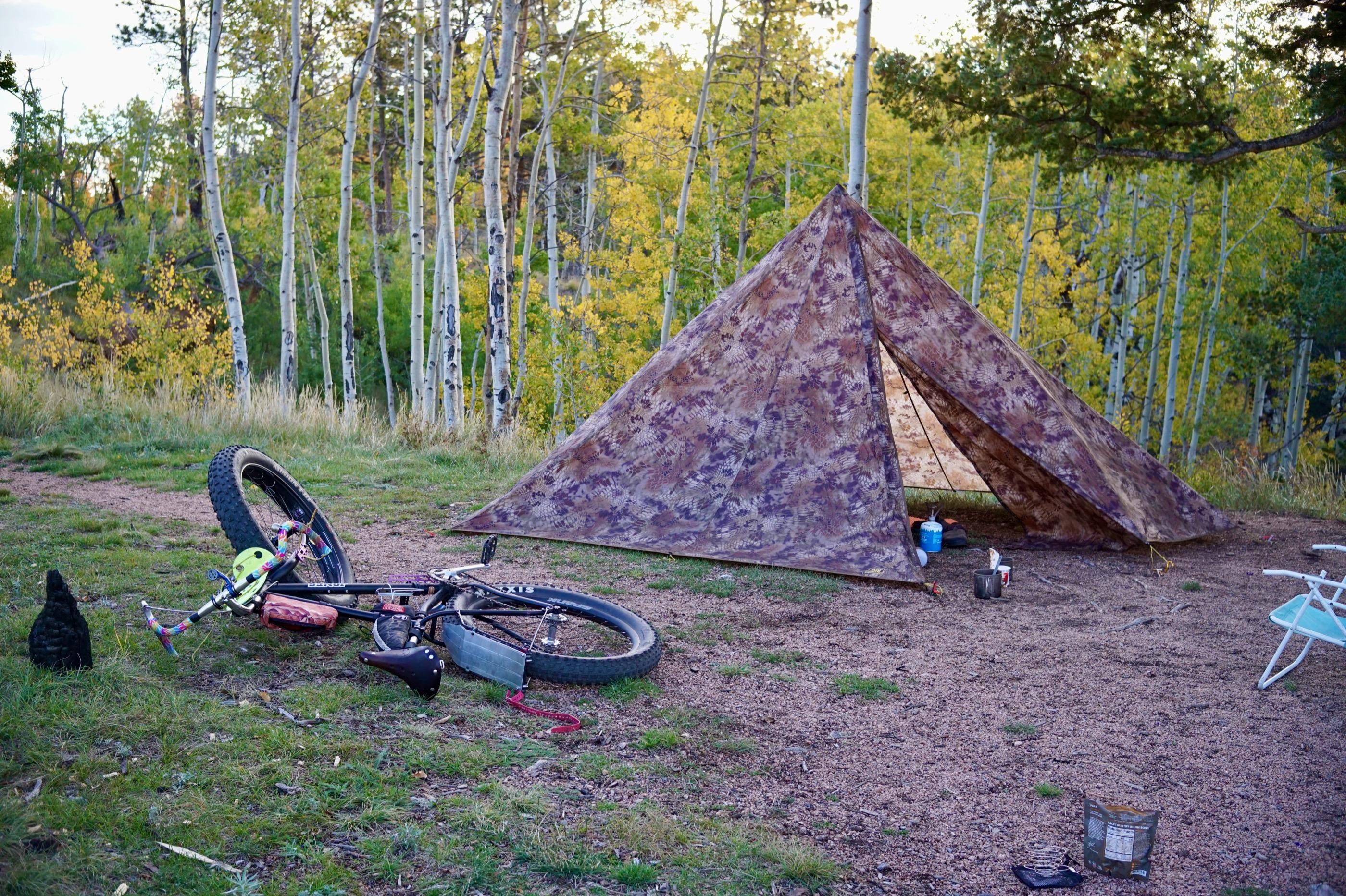 A camp mug and stove outside the tent at the dispersed camp on Sunday morning, sunlight coming through the aspens