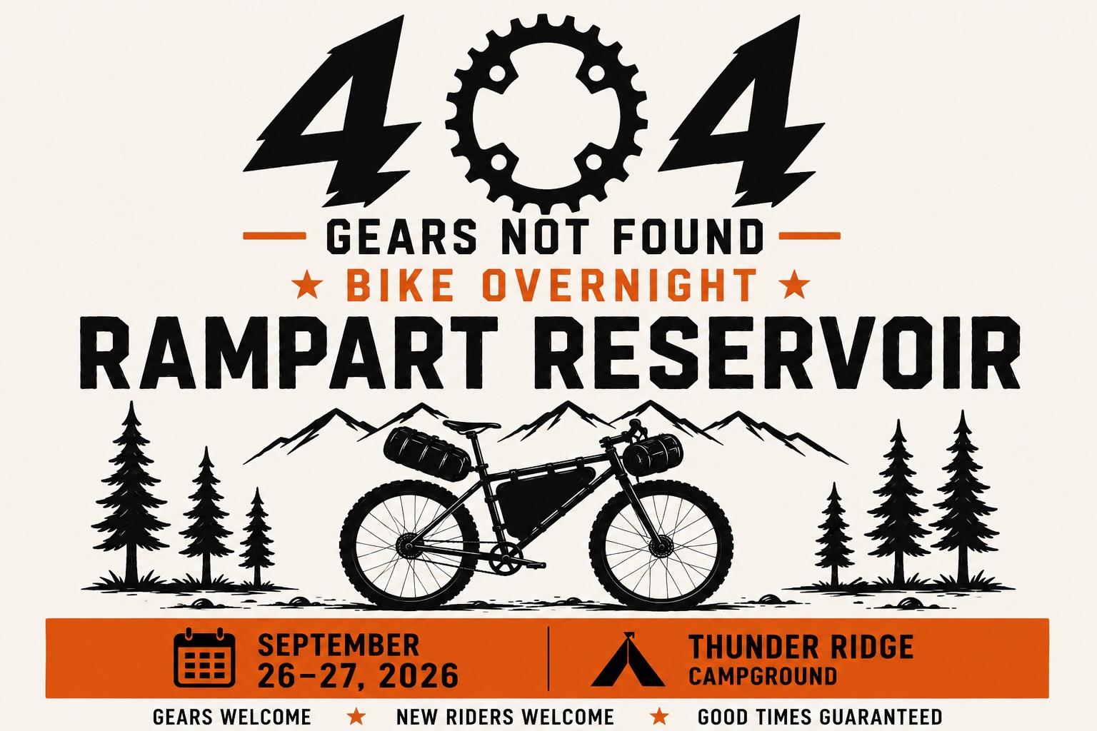 404 Gears Not Found Bike Overnight event poster for Rampart Reservoir, September 26-27, 2026 at Thunder Ridge Campground, with an illustrated loaded bikepacking bike, mountains, and pine trees