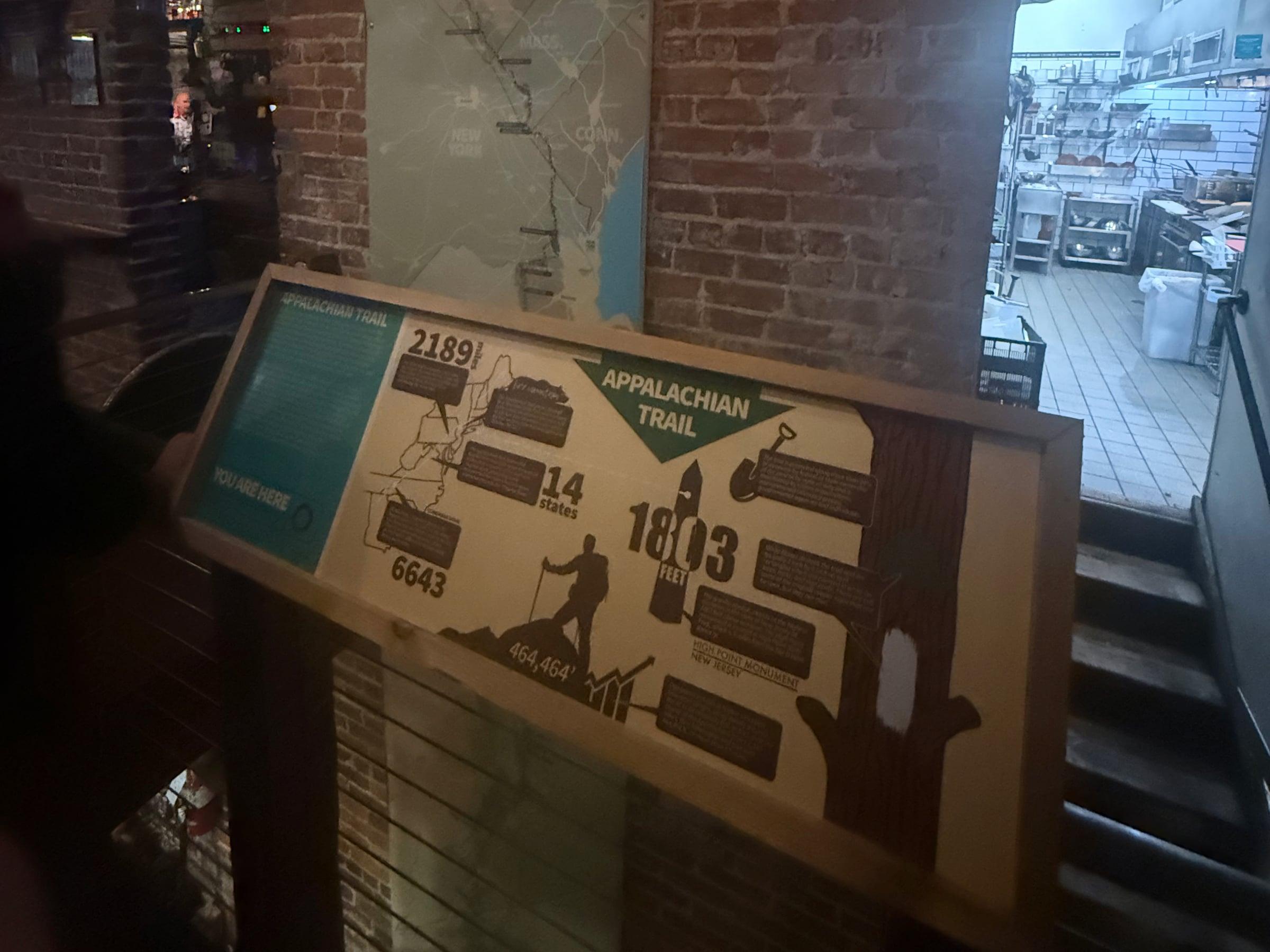 An Appalachian Trail information sign showing 2,189 miles, 14 states, and High Point at 1,803 feet, with a wall map of the trail behind it and a restaurant kitchen visible through a doorway