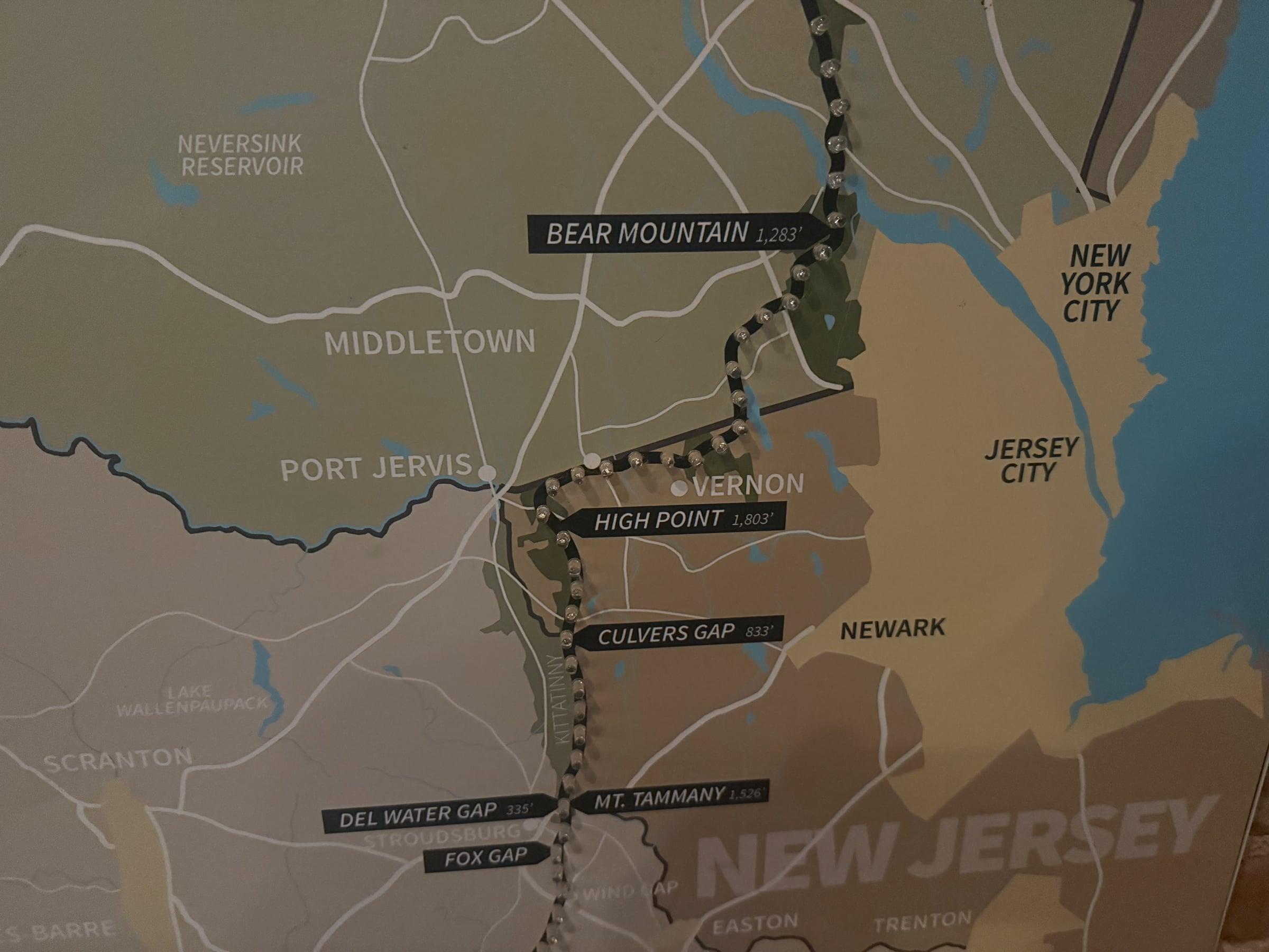 Close-up of a map showing the Appalachian Trail running past Port Jervis, High Point at 1,803 feet, Culvers Gap, and Newark