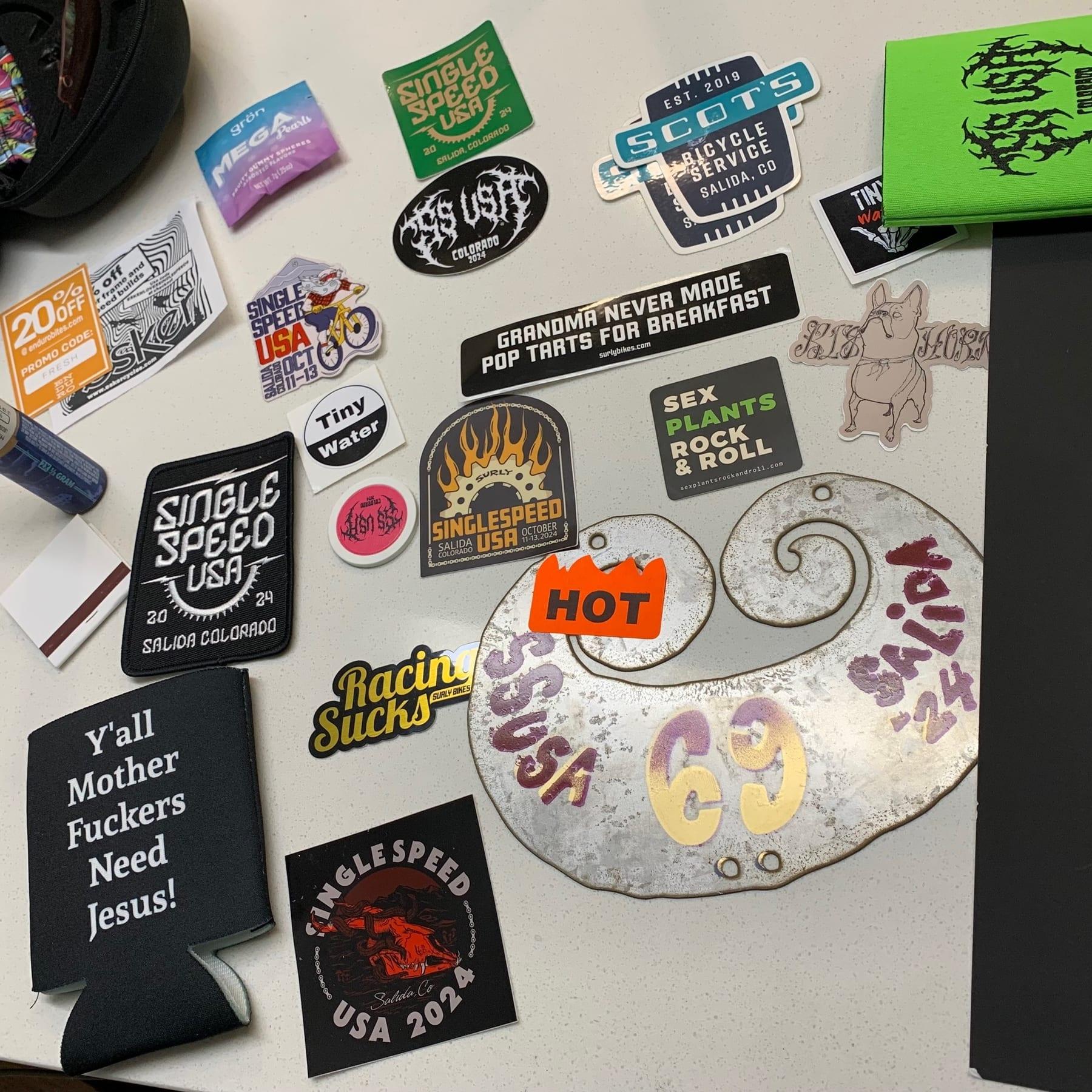 Collage of Single Speed USA and single-speed-themed stickers