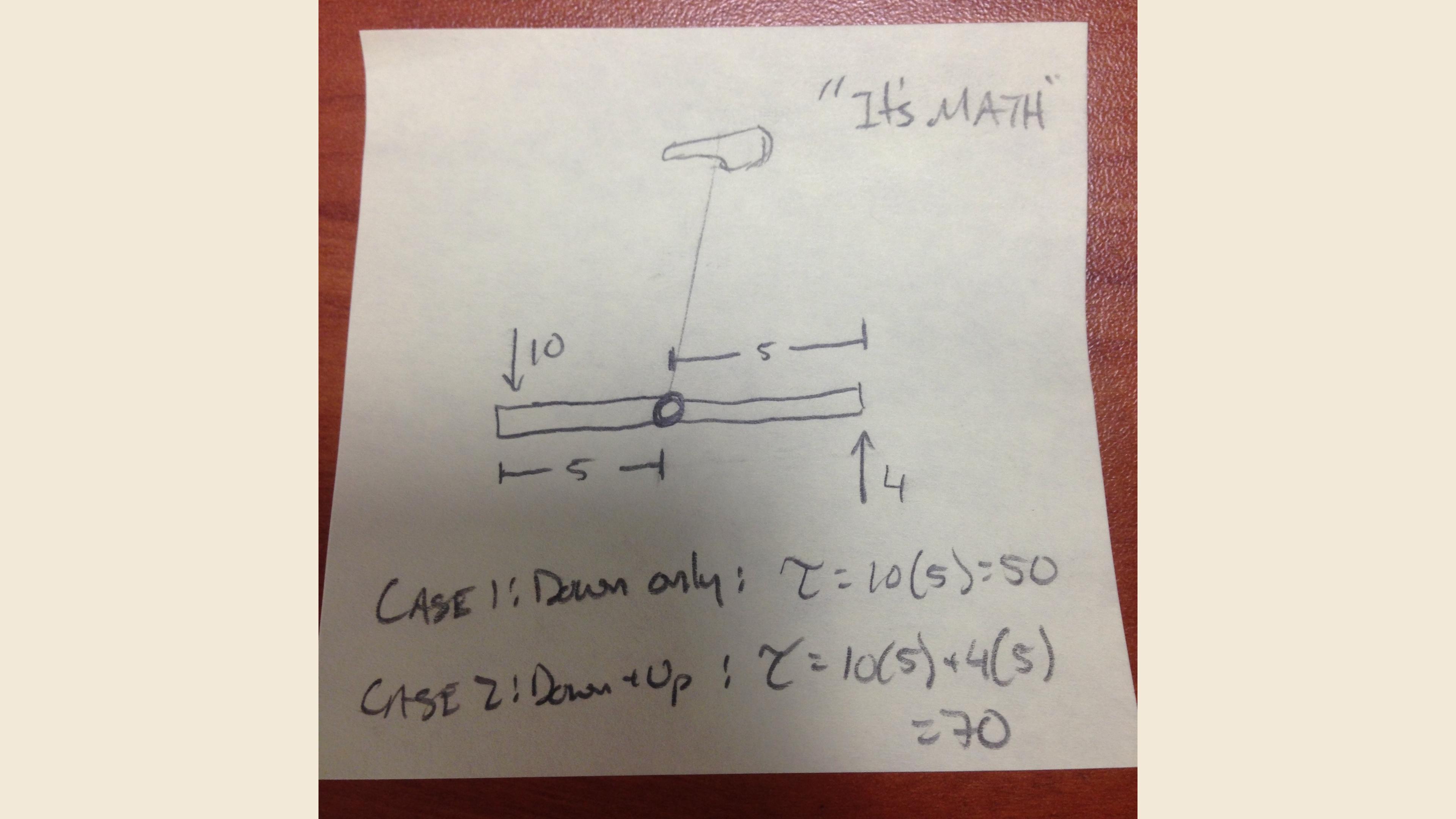 Hand-drawn sketch modeling a pedal stroke as a lever, comparing torque from a down-only stroke versus a down-and-up stroke